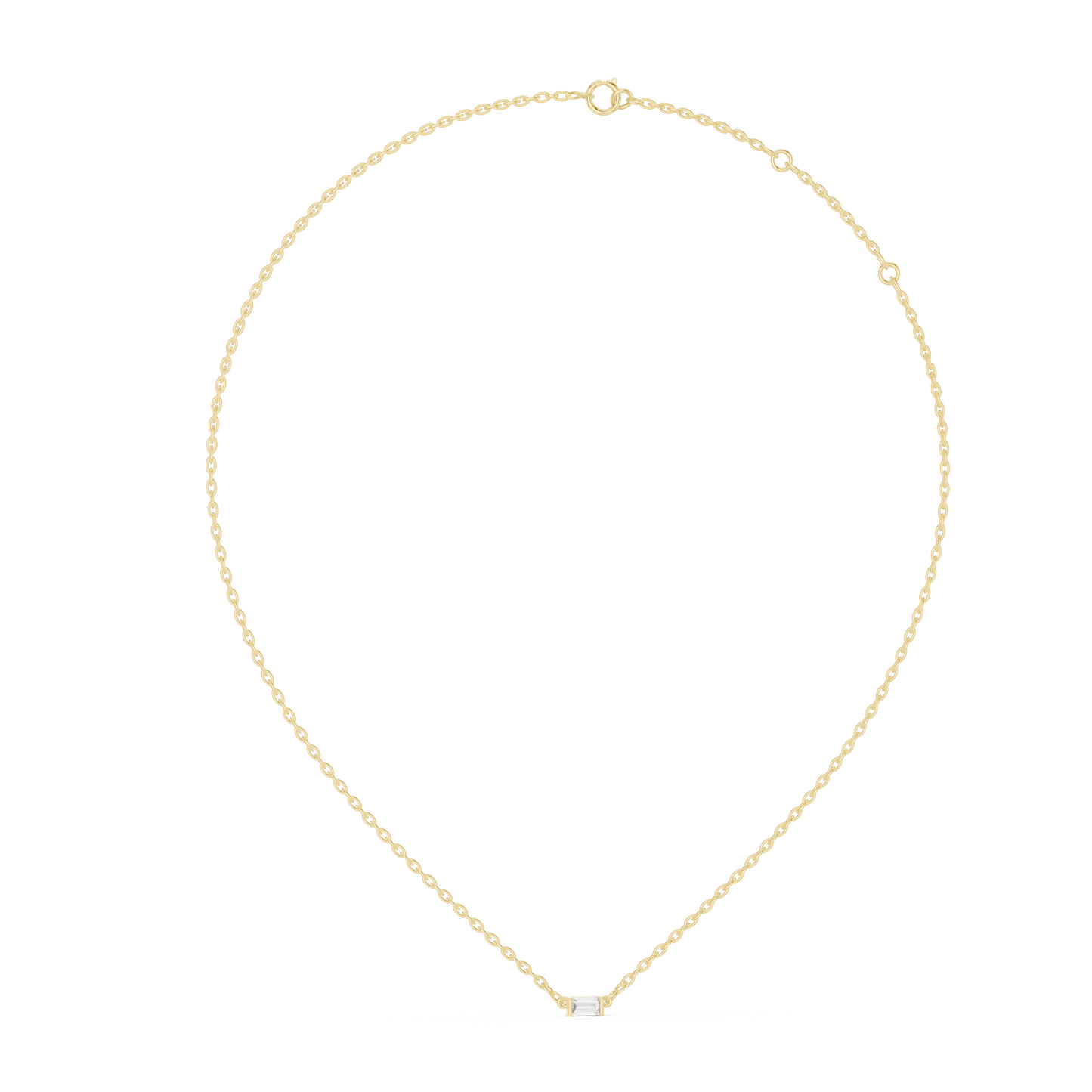 Gold necklace with a small diamond on a white background