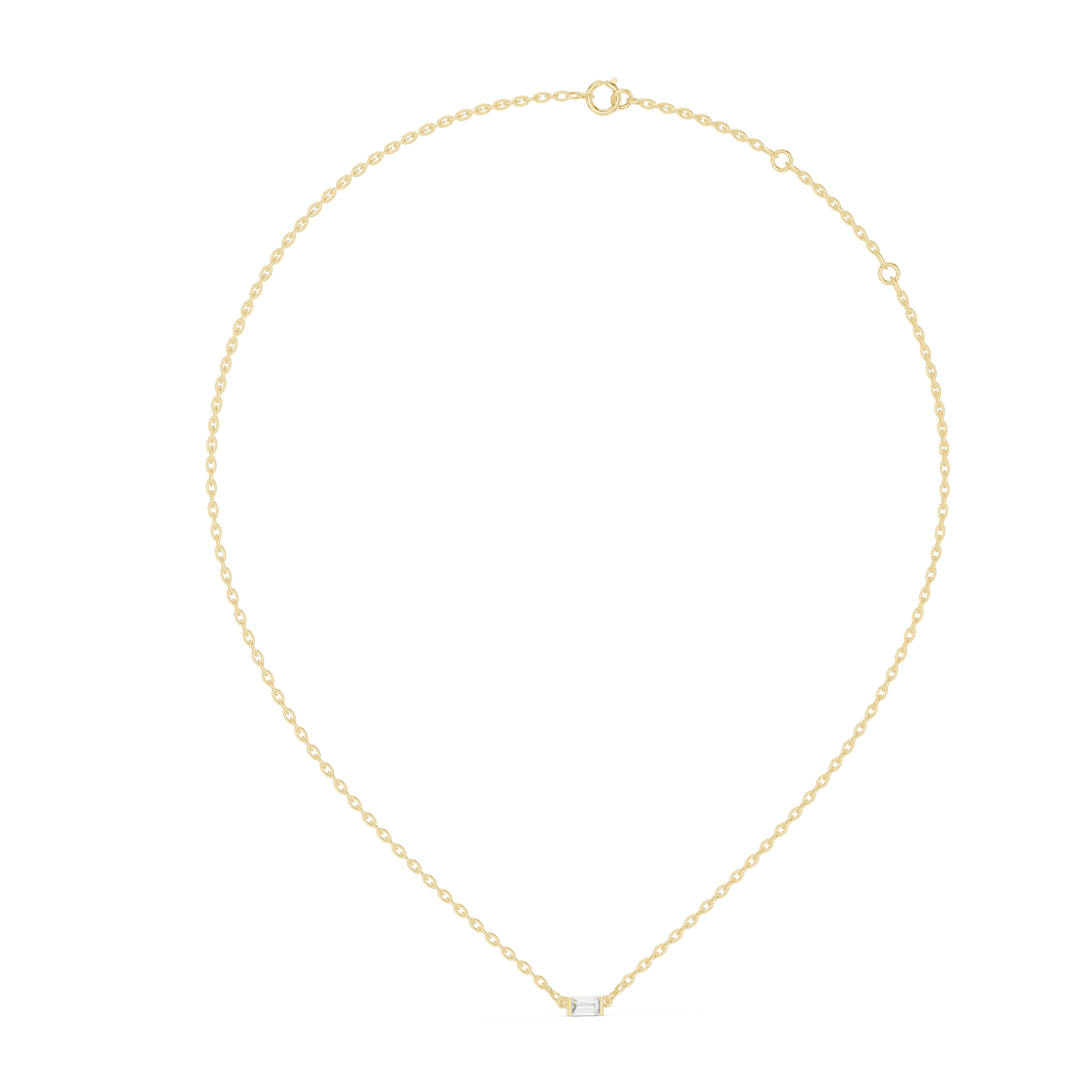Gold necklace with a small diamond on a white background