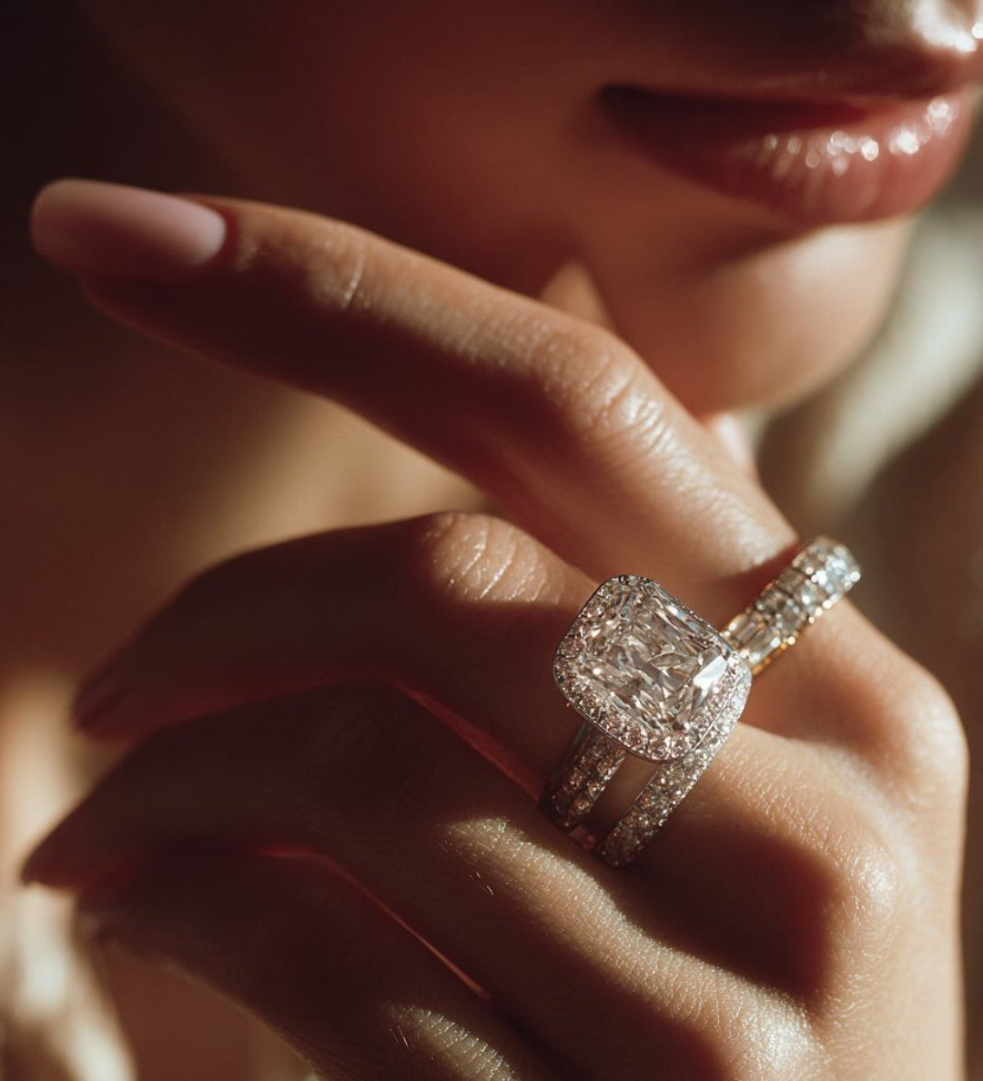 Close-up of a hand wearing a diamond ring with 'Lumin Luxe' branding.
