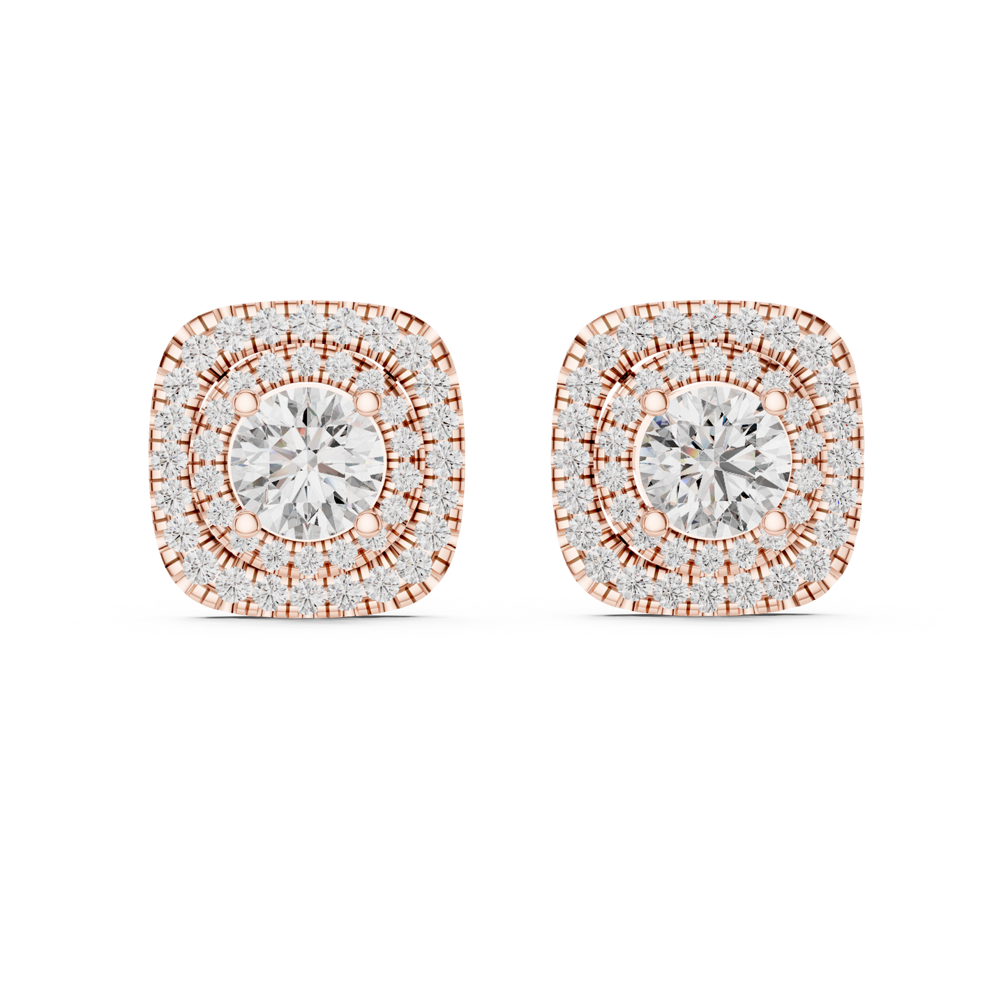 3.89 CTW Round Diamond Double Cushion Halo Stud Earrings 14k Rose Gold
