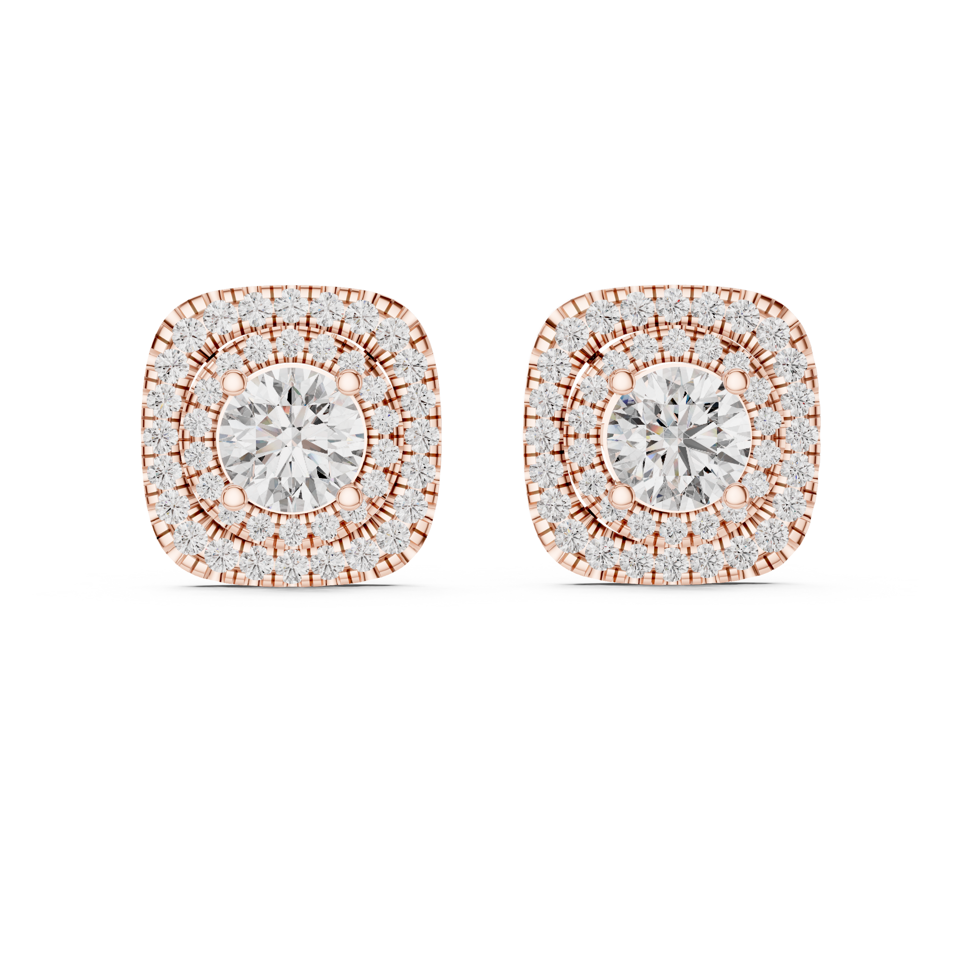 3.89 CTW Round Diamond Double Cushion Halo Stud Earrings 14k Rose Gold