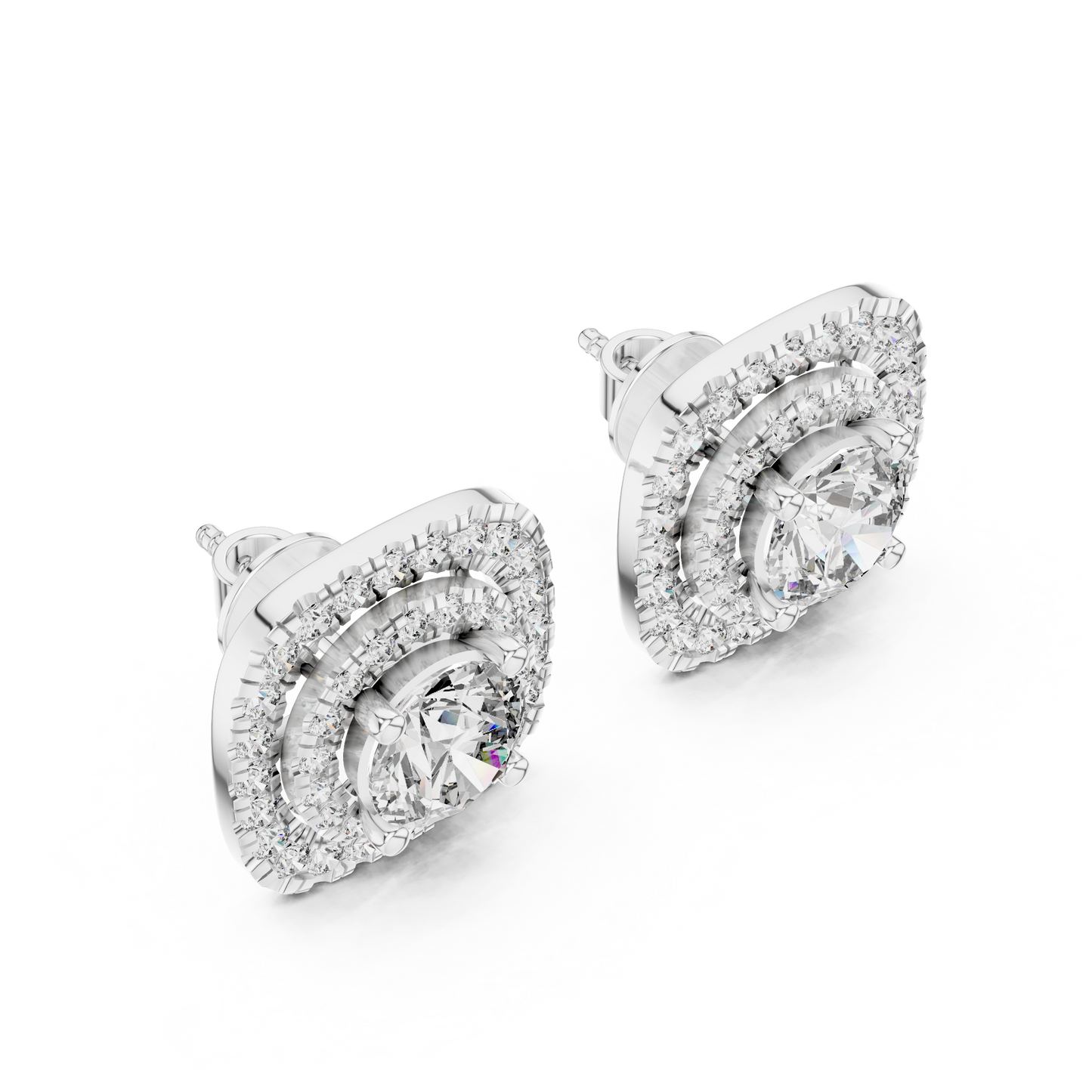 3.89 CTW Round Diamond Double Cushion Halo Stud Earrings 14k White Gold