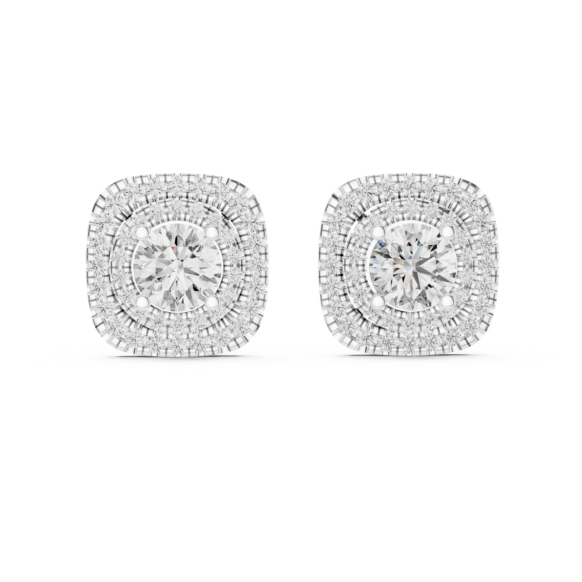 3.89 CTW Round Diamond Double Cushion Halo Stud Earrings 14k White Gold