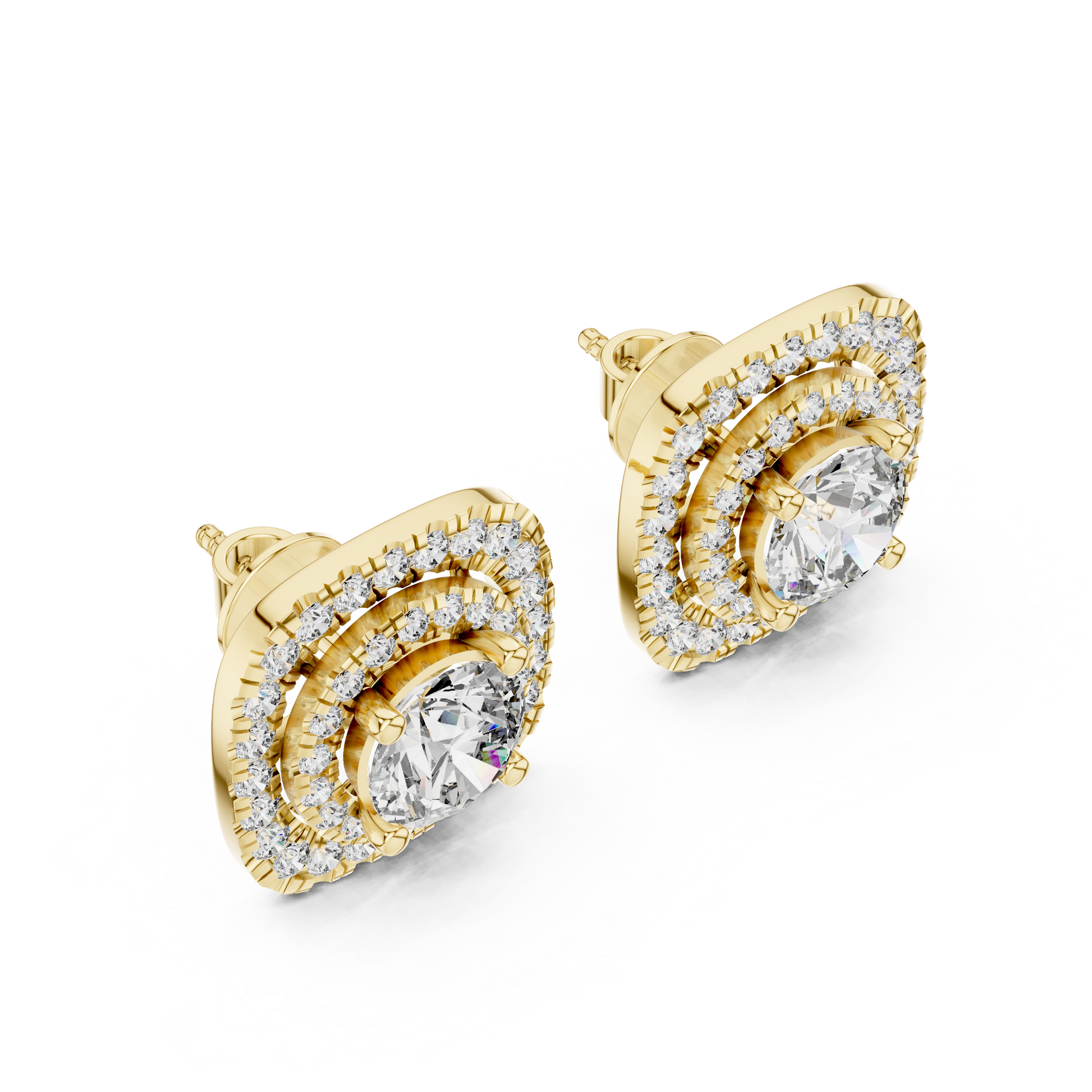 3.89 CTW Round Diamond Double Cushion Halo Stud Earrings 14k Gold