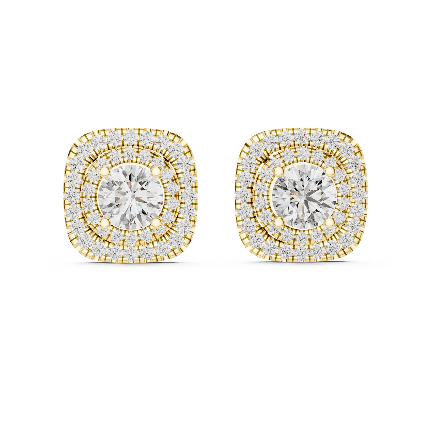 3.89 CTW Round Diamond Double Cushion Halo Stud Earrings 14k Gold