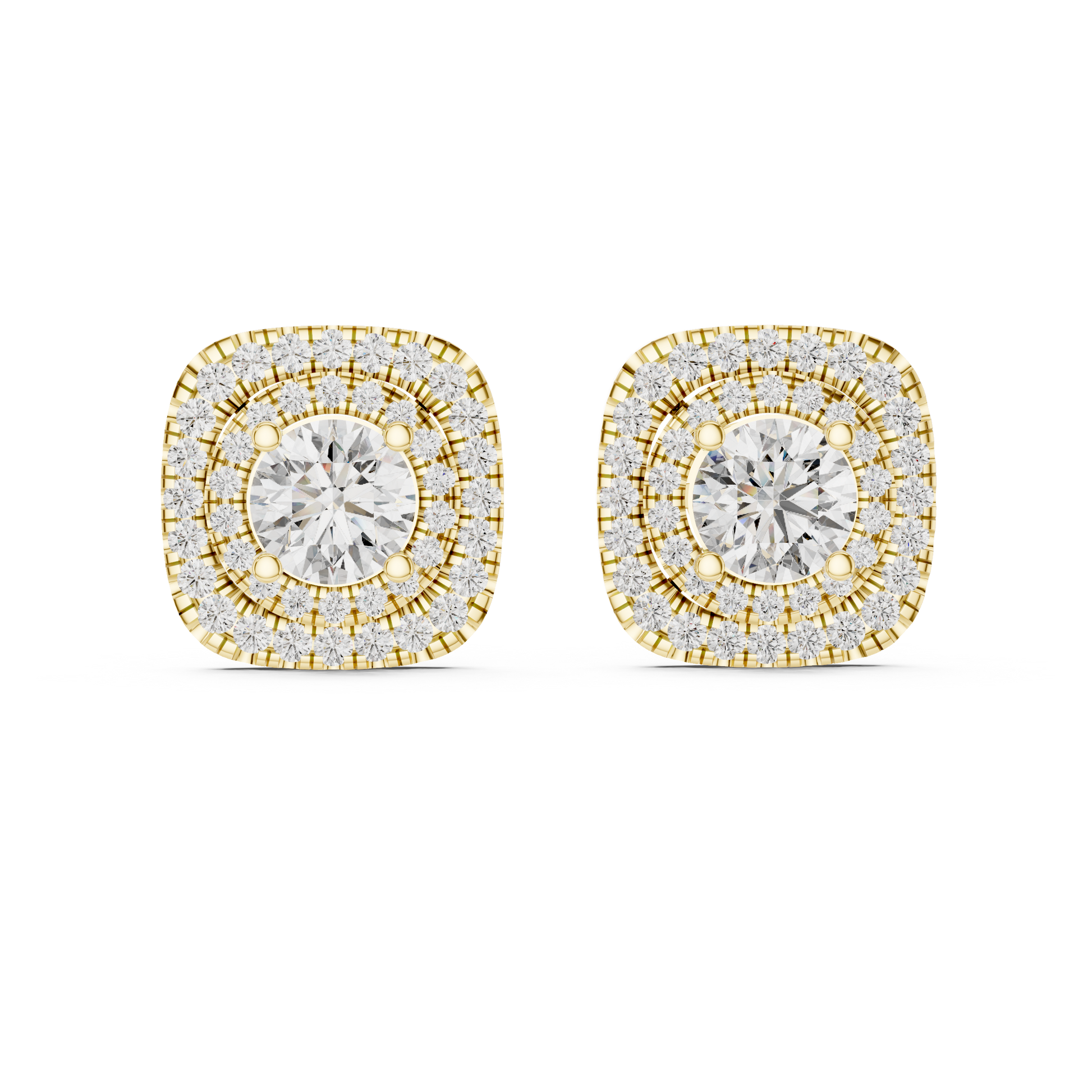 3.89 CTW Round Diamond Double Cushion Halo Stud Earrings 14k Gold