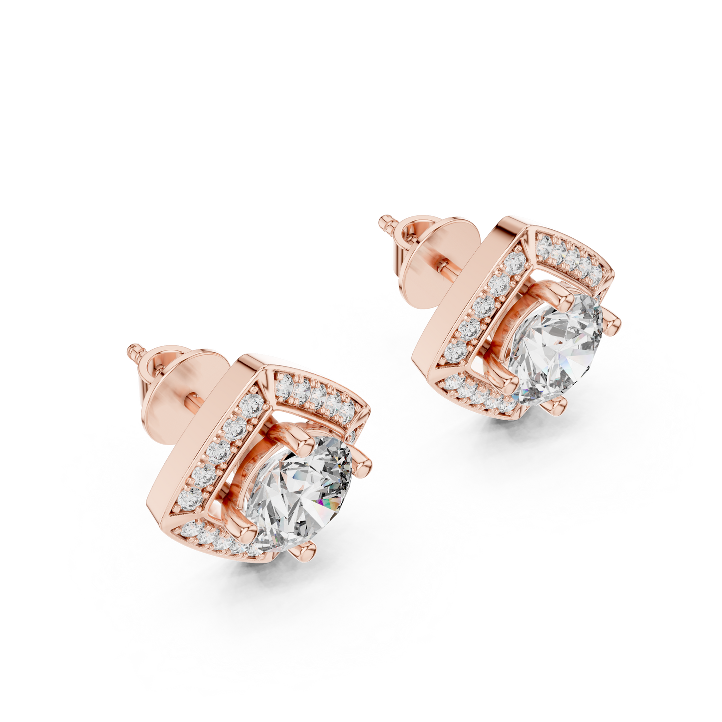 2.98 CTW Round Diamond Geometric Halo Stud Earrings