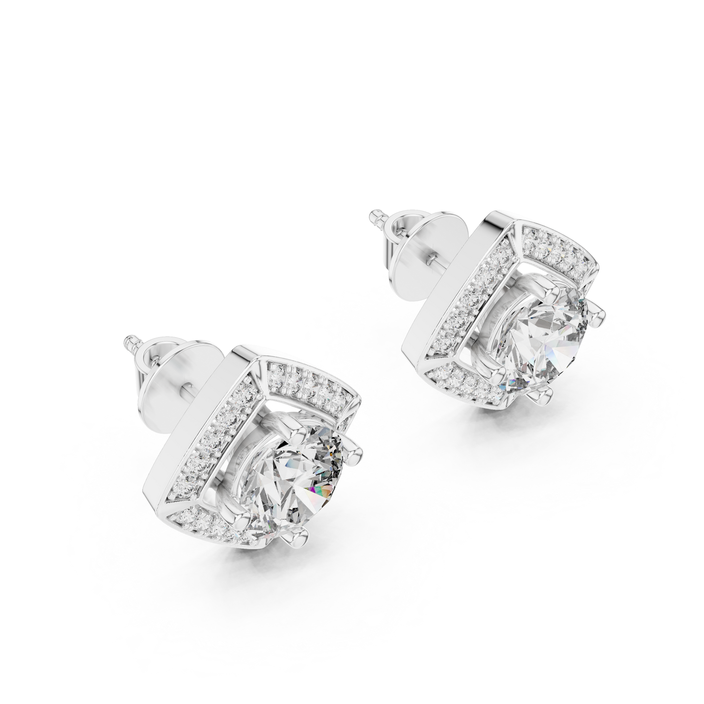 2.98 CTW Round Diamond Geometric Halo Stud Earrings
