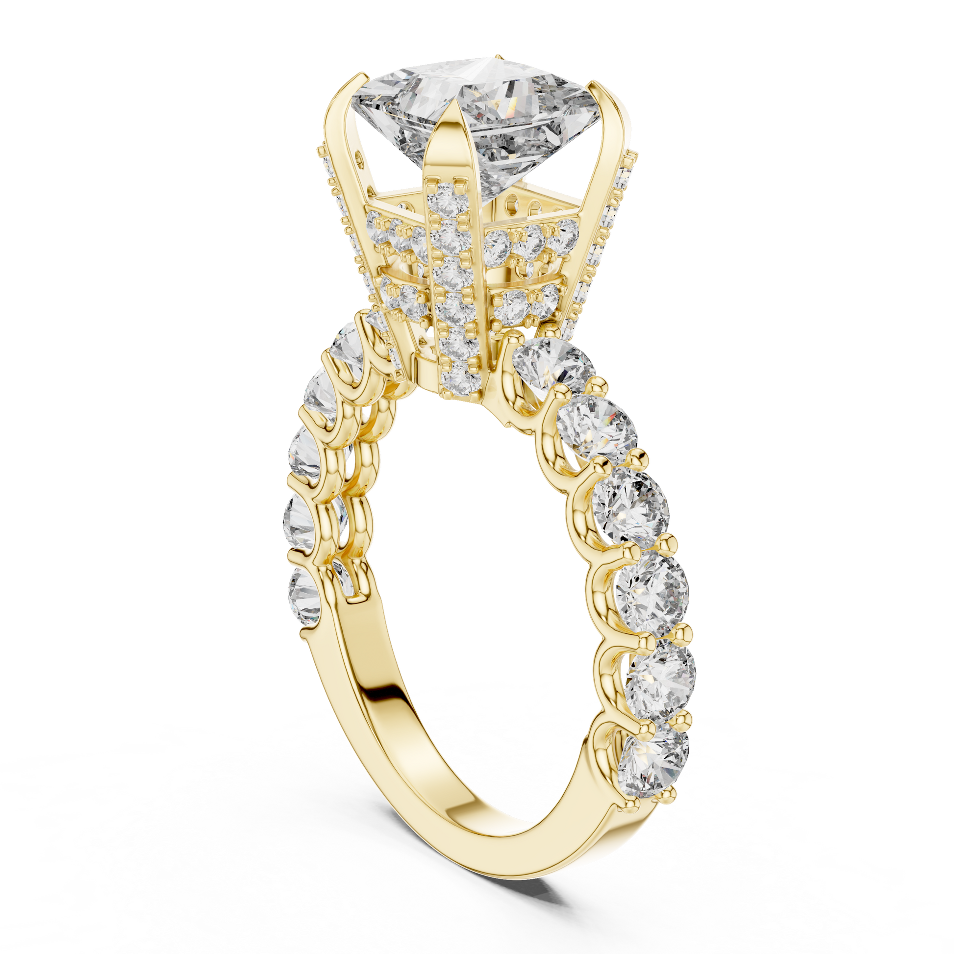Gold diamond ring with a large central gemstone and smaller diamonds on a white background