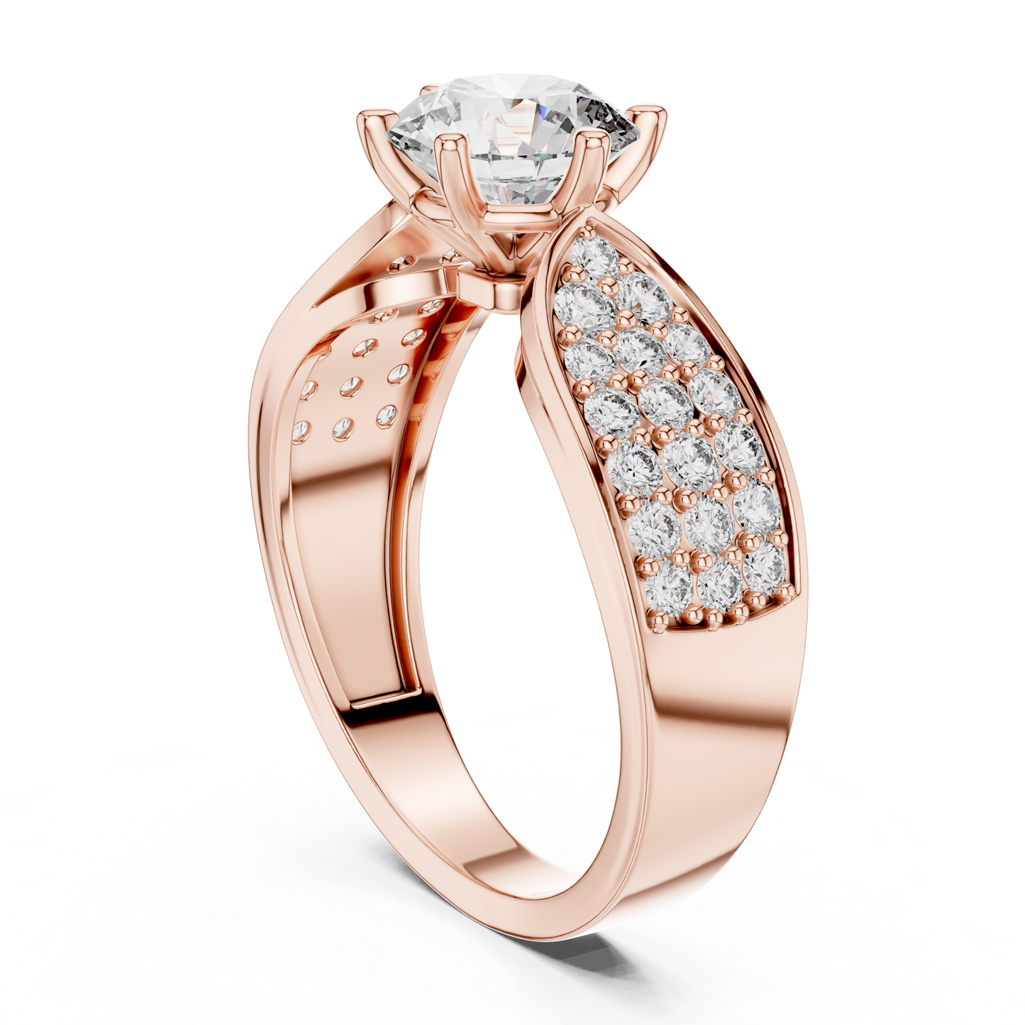 Rose gold ring with a large diamond and smaller diamonds on a white background