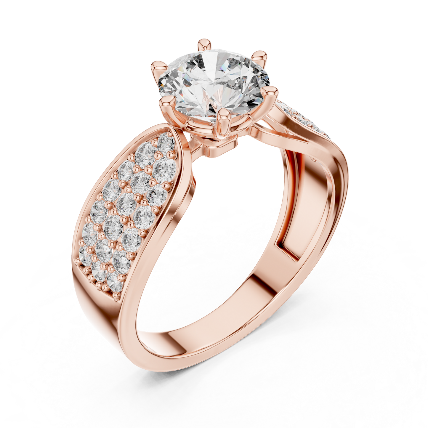 Rose gold ring with a large diamond and smaller diamonds on the band against a white background