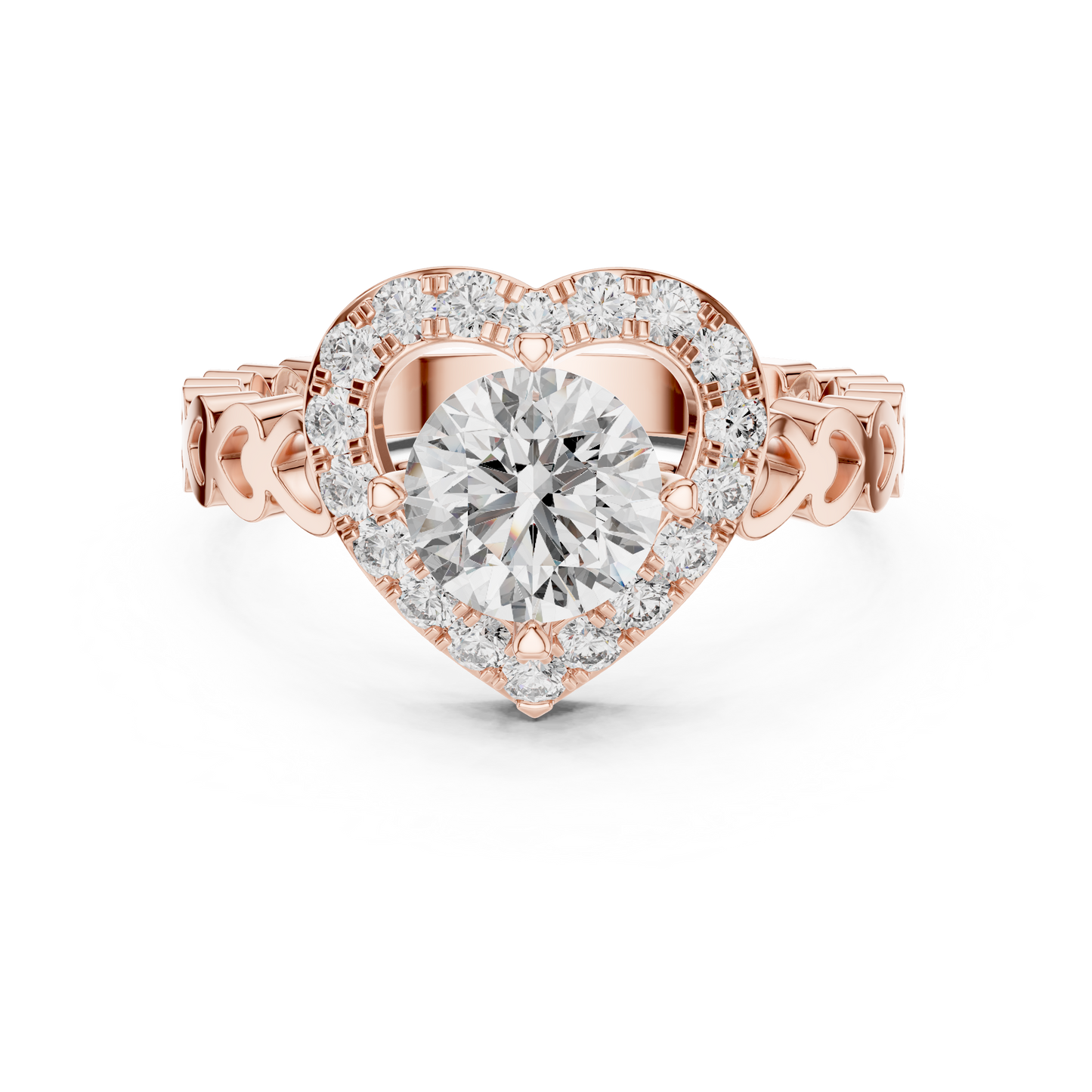 Gold heart-shaped diamond ring on a white background