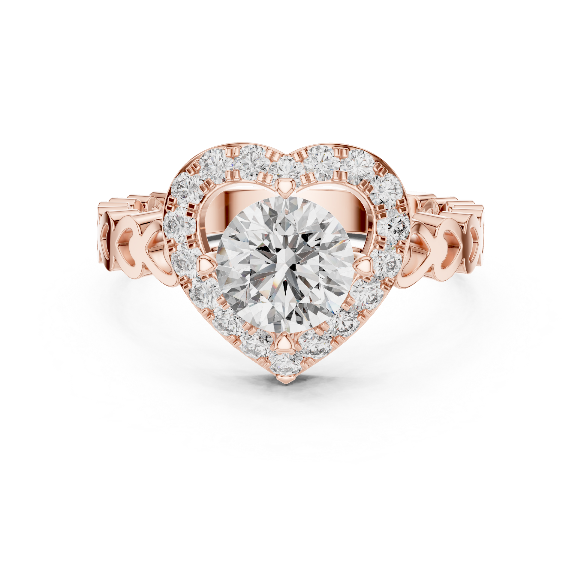 Gold heart-shaped diamond ring on a white background